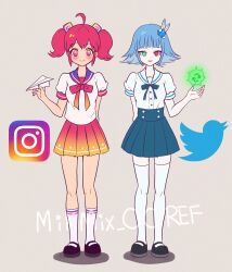 2girls ahoge arm_behind_back arrow_(symbol) artist_name blue_eyes blue_hair blue_ribbon blue_skirt blunt_bangs blush bow breasts buttons closed_mouth full_body gradient_bow gradient_clothes gradient_sailor_collar gradient_skirt green_eyes grey_background hair_ornament hairclip hand_up heterochromia highres holding holding_paper_airplane humanization instagram_logo looking_at_viewer mary_janes mikmix miniskirt multicolored_eyes multiple_girls open_mouth original paper_airplane personification puffy_sleeves purple_sailor_collar red_hair red_skirt ribbon sailor_collar school_uniform serafuku shirt shoes short_hair short_sleeves sidelocks simple_background skirt small_breasts smile smug socks standing t-shirt thighhighs twintails twitter_logo white_sailor_collar white_socks white_thighhighs