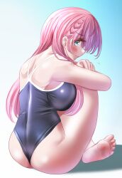 Rule 34 | 1girl, aqua eyes, ass, back, bare back, bare shoulders, blue eyes, blush, bokutachi wa benkyou ga dekinai, braid, breasts, feet, gu~derenko, highres, hugging own legs, kirisu mafuyu, large breasts, long hair, looking at viewer, looking back, one-piece swimsuit, pink hair, school swimsuit, sideboob, simple background, sitting, solo, swimsuit, toes