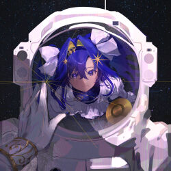 Rule 34 | 1girl, 1other, absurdres, astronaut, blonde hair, blue eyes, blue hair, colored inner hair, dress, gloves, hair intakes, hand on another&#039;s headwear, helmet, highres, juliet sleeves, kira guil, long sleeves, multicolored hair, portrait, pov, pov hands, puffy sleeves, reflection, reflection focus, reverse:1999, sky, smile, solo, space, space helmet, spacesuit, star (sky), starry sky, voyager (reverse:1999), voyager golden record, white dress, white gloves