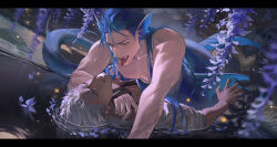 Rule 34 | 2boys, absurdres, archer (fate), blue flower, blue hair, boy on top, chinese commentary, collarbone, commentary request, commission, cu chulainn (fate), cu chulainn (fate/stay night), dark-skinned male, dark skin, earrings, fate/stay night, fate (series), feijio yizhi, fins, flower, head fins, highres, jewelry, letterboxed, lily pad, lying, male focus, merman, monster boy, multiple boys, on back, parted lips, pectorals, petals, petals on liquid, purple flower, red eyes, second-party source, shirt, tongue, tongue out, topless male, veins, veiny hands, watermark, weibo watermark, wet, wet clothes, wet shirt, white hair, wisteria, yaoi