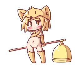 Rule 34 | 1girl, :3, animal feet, animal hands, bell, blonde hair, blush, bottomless, bra, chibi, closed mouth, criss-cross halter, fox girl, fox hat, full body, halterneck, holding, holding staff, looking at viewer, lowres, maitora, moonlight flower, navel, no pussy, ragnarok online, short hair, simple background, smile, solo, staff, underwear, white background, yellow bra