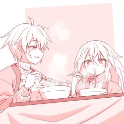 Rule 34 | 2girls, ahoge, bowl, breasts, chopsticks, eating, elena trafalgar, food, greyscale, highres, holding, holding chopsticks, ikune juugo, large breasts, long hair, monochrome, multiple girls, noodles, original, ribbed sweater, shirt, sweater, table
