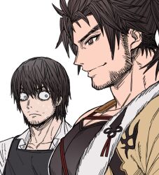 2boys adventurer_(ff14) apron bara black_apron black_hair brown_eyes closed_mouth facial_hair final_fantasy final_fantasy_xiv from_side girl_staring_at_guy&#039;s_chest_(meme) hien_rijin hyur large_pectorals long_hair looking_at_another looking_at_pectorals male_focus meme multiple_boys muscle_envy muscular muscular_male pectoral_focus pectorals samurai_(final_fantasy) shirt short_hair simple_background smile upper_body warrior_of_light_(ff14) white_background white_shirt zanki