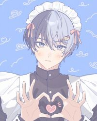 Rule 34 | 1boy, :&lt;, akii 0915, aoyagi touya, apron, black dress, blue background, blue hair, blush, commentary request, crossdressing, dot nose, dress, fingernails, four-finger heart hands, frilled apron, frills, grey eyes, hair between eyes, hair ornament, heart, heart hands, highres, long sleeves, looking at viewer, maid, maid headdress, male focus, multicolored hair, parted lips, pink ribbon, project sekai, ribbon, sleeve cuffs, solo, split-color hair, teeth