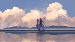 1boy 1girl arm_up bare_shoulders barefoot black_footwear black_necktie brown_pants brown_shirt cloud collared_shirt cumulonimbus_cloud day dress floating_clothes floating_hair from_side full_body grey_hair hands_in_pockets highres ibuki_satsuki loafers long_dress long_hair loose_necktie mountainous_horizon necktie original outdoors pants purple_dress reflection scenery shirt shoes short_hair sky standing water wide_shot