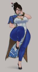 1girl absurdres aoran_p.b. arm_behind_back black_shoes blue_pants bracelet breasts brown_eyes brown_hair capcom china_dress chinese_clothes chun-li chun-li_(cosplay) cleavage cleavage_cutout clothing_cutout cosplay covered_navel dress flats glasses hair_bun hair_ornament hair_stick highres jewelry large_breasts mei_(overwatch) overwatch pants pelvic_curtain shoes short_hair side_slit single_hair_bun smile solo standing standing_on_one_leg street_fighter street_fighter_6 swept_bangs thick_thighs thighs wide_hips