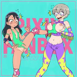 Rule 34 | 2girls, between breasts, black hair, blue eyes, blush, boots, bracer, breasts, breasts out, breasts squeezed together, brown eyes, crop top, crossover, dark-skinned female, dark skin, detached sleeves, elbow pads, facepaint, fang, female focus, flying sweatdrops, grey hair, hair between eyes, hair ornament, hairclip, ijiranaide nagatoro-san, kicking, knee pads, large breasts, leg between breasts, leg lift, leg up, leotard, long hair, multiple girls, nagatoro hayase, navel, nipples, no bra, oca-world, one-piece tan, open mouth, pants, pussy, restling, shirt, short hair, single elbow pad, skin fang, sleeveless, sleeveless shirt, small breasts, standing, surprised, sweat, tan, tanline, torn clothes, torn leotard, torn shirt, uncensored, uzaki-chan wa asobitai!, uzaki hana, ward, wardrobe malfunction, wavy mouth, wrestling outfit