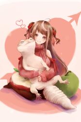 1girl absurdres ahoge animal animal_hug apple apple_slice arrow_through_heart blush bow brown_eyes closed_eyes clothing_cutout food fruit gecko green_apple hair_bow heart heart_background highres inuki_matoi kagayaki_stars leaf long_hair looking_at_animal multicolored_hair nozomi_gasu oversized_animal re:act apple red_bow red_sweater ribbed_sweater shoulder_cutout simple_background sitting smile solo streaked_hair sweater twintails very_long_hair virtual_youtuber wariza white_hair