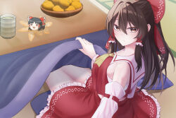 1girl absurdres ascot bow breasts brown_eyes brown_hair closed_mouth commentary_request cup cushion detached_sleeves food frilled_bow frilled_hair_tubes frills fruit hair_between_eyes hair_bow hair_tubes hakurei_reimu highres kotatsu kotatsu_invitation long_hair looking_at_viewer mandarin_orange open_mouth red_bow red_skirt ribbon-trimmed_sleeves ribbon_trim sitting skirt skirt_set solo steam table tatami tea thighs touhou under_kotatsu under_table wa_layla yellow_ascot yukkuri_shiteitte_ne yunomi