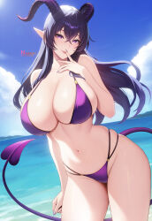 1girl absurdres artist_name bikini black_hair blue_sky breasts cleavage cloud collarbone contrapposto crossed_bangs demon_girl demon_horns demon_tail finger_to_mouth floating_hair hair_between_eyes highres horns huge_breasts long_hair multi-strapped_bikini_bottom nail_polish nanalili navel original outdoors pixiv_username pointy_ears purple_bikini purple_eyes purple_nails skindentation sky smile solo stomach swimsuit tail thighs very_long_hair water wet