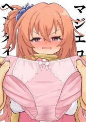 1girl 1other blue_scrunchie blush bow bow_panties commentary_request crossed_bangs embarrassed full-face_blush hair_between_eyes hair_ornament hair_scrunchie hands_up highres holding holding_panties holding_underwear holding_unworn_clothes inaba_meguru jacket kasago_(wnfj2383) letterman_jacket long_hair looking_at_viewer one_side_up open_mouth orange_hair paid_reward_available panties pink_panties pov pov_hands red_eyes sanoba_witch scarf scrunchie simple_background solo_focus stained_panties straight-on sweatdrop tsurime underwear unworn_panties upper_body v-shaped_eyebrows very_long_hair wavy_mouth white_background yellow_scarf