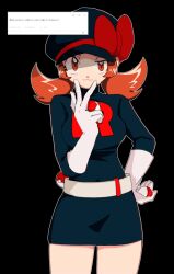 1girl black_background black_dress black_hat bow brown_eyes brown_hair closed_mouth dress gloves hat hat_bow highres holding holding_poke_ball looking_at_viewer lyra_(pokemon) newsboy_cap nintendo poke_ball poke_ball_(basic) pokemon pokemon_hgss r7defdupyt83820 red_bow request_inset solo team_rocket team_rocket_uniform twintails v v_over_mouth white_gloves