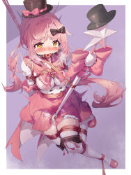 1girl absurdres aiza-ku arms_behind_back ball_gag bdsm blush bondage bound bound_arms bound_legs breast_bondage breasts brown_eyes gag gagged hat highres long_hair looking_at_viewer mage_staff medium_breasts pink_hair pleated_skirt pussy_juice restrained sailor_collar school_uniform serafuku shibari skindentation skirt staff_riding suspension thighhighs very_long_hair white_thighhighs zettai_ryouiki