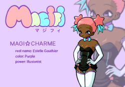 1girl 2000s_(style) absurdres afro_puffs bow bowtie breasts character_name choker cleavage dark-skinned_female dark_skin dreamscreep dress elbow_gloves english_text estelle_gauthier gloves hairline hands_on_own_hips highres magi_charme magical_girl original panties pink_hair purple_eyes solo star-shaped_hair star_(symbol) thighhighs underwear zoom_layer