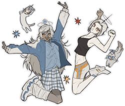 2girls angel animalization blue_eyes blue_jacket blush cat dark-skinned_female dark_skin emily_(hazbin_hotel) halo hazbin_hotel highres jacket leg_warmers long_hair lute_(hazbin_hotel) medium_hair multiple_girls person_and_animalization shirt skirt tppiiiiqqt white_hair white_jacket white_leg_warmers white_sneakers yellow_eyes