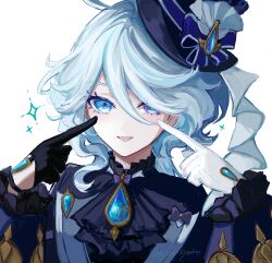 1girl absurdres ascot asymmetrical_gloves blue_ascot blue_brooch blue_gemstone blue_hat blue_jacket drop-shaped_pupils eyelash_ornament furina_(genshin_impact) gem genshin_impact gloves hat heterochromia highres jacket mismatched_gloves mismatched_pupils multicolored_hair nyan_kyosiro0 solo streaked_hair symbol-shaped_pupils top_hat