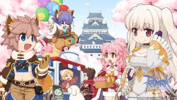 &gt;_&lt; 3boys 3girls :3 :d animal_ears architecture armor balloon barefoot basket belt black_shirt blue_belt blue_eyes blue_pants blue_shirt blue_sky bow braid breasts brown_coat brown_gloves brown_hair brown_jacket brown_pants cape cardinal_(ragnarok_online) castle cat_boy cat_ears cat_tail cherry_blossoms chest_harness cleavage_cutout closed_mouth clothing_cutout coat copyright_notice cowboy_shot crepe crop_top cup dog dress east_asian_architecture fake_wings fang fingerless_gloves food frilled_sleeves frills fur-trimmed_sleeves fur_coat fur_collar fur_trim gloves golden_wings grey_dress grey_hair guillotine_cross_(ragnarok_online) harness high_ponytail highres holding holding_basket jacket logo long_dress long_hair long_sleeves looking_afar looking_at_viewer marin_(ragnarok_online) medium_breasts merchant_(ragnarok_online) midriff multicolored_pants multiple_boys multiple_girls navel official_alternate_costume official_art official_wallpaper open_mouth orange_eyes outdoors pants pelvic_curtain picnic_basket pink_eyes pink_hair ponytail poring purple_cape purple_gloves ragnarok_online red_armor red_bow red_cape red_gloves shirt short_hair shrug_(clothing) side_slit sky sleeveless sleeveless_shirt smile spiked_hair spirit_handler_(ragnarok_online) split_mouth tail tail_bow tail_ornament teacup twin_braids two-sided_cape two-sided_fabric two_side_up vending_cart warlock_(ragnarok_online) white_shirt wind_hawk_(ragnarok_online) wings yuichirou