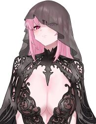 1girl absurdres alternate_costume breasts chronopattern_dress cleavage highres hololive hololive_english large_breasts long_hair looking_at_viewer meme_attire mori_calliope pink_hair red_eyes rokosannn simple_background solo virtual_youtuber white_background
