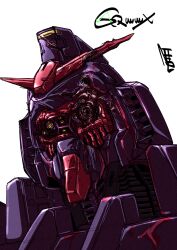 Rule 34 | absurdres, after battle, alternate universe, bullet hole, commentary request, damaged, earth federation, gundam, gundam gquuuuuux, highres, machinery, mecha, mecha focus, mobile suit, nanziwakamika23, no humans, portrait, psycho gundam (gquuuuuux), robot, science fiction, signature, spoilers, title, upper body, v-fin, white background