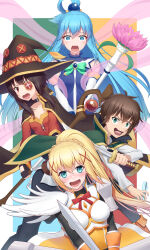 1boy 4girls :d absurdres anarchojs aqua_(konosuba) armor black_choker blue_eyes blue_hair bow bowtie breasts brown_cape brown_hair brown_hat cape choker darkness_(konosuba) dress eyepatch green_eyes hat highres holding holding_staff holding_sword holding_weapon knight kono_subarashii_sekai_ni_shukufuku_wo! long_hair megumin multiple_girls open_mouth red_bow red_bowtie red_dress red_eyes satou_kazuma short_hair shoulder_plates small_breasts smile staff surprised sword teeth tongue weapon witch_hat