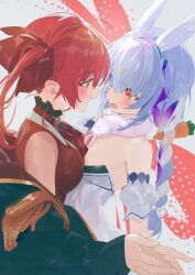 2girls animal_ear_fluff animal_ears black_leotard blue_hair blush braid breast_press breasts carrot_hair_ornament commentary cropped_jacket don-chan_(usada_pekora) dress eye_contact face-to-face food-themed_hair_ornament fur-trimmed_dress fur_trim hair_ornament highres holding_hands hololive houshou_marine houshou_marine_(1st_costume) jacket koyo2023 large_breasts leotard leotard_under_clothes long_hair looking_at_another medium_breasts multicolored_hair multiple_girls nervous open_mouth rabbit_ears rabbit_girl red_jacket sleeveless sleeveless_jacket thick_eyebrows twin_braids twintails usada_pekora usada_pekora_(1st_costume) virtual_youtuber white_hair yuri