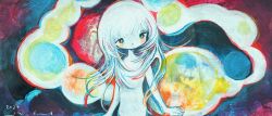 Rule 34 | 1girl, abstract background, absurdres, colored skin, dated, highres, long hair, looking at viewer, nude, original, painting (medium), si-ku, signature, solo, traditional media, upper body, white hair, white skin