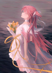 1girl arched_back arm_at_side bouquet bow choker closed_eyes collarbone colored_eyelashes dress floating_hair flower frilled_dress frills hair_bow happy high-low_dress highres holding holding_bouquet kaname_madoka laughing layered_sleeves leaning_back long_hair mahou_shoujo_madoka_magica mahou_shoujo_madoka_magica_(anime) ocean outdoors parted_lips pink_hair pink_sleeves profile ribbon solo standing straight_hair sukuuyu tulip two_side_up ultimate_madoka very_long_hair wading water white_bow white_choker white_dress wide_sleeves yellow_flower yellow_ribbon yellow_tulip
