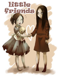 2girls alma_(f.e.a.r.) animification barefoot bioshock bioshock_(series) bioshock_2 blood bow brown_hair crossover dirty doll dress english_text f.e.a.r. feet hair_bow handshake km_yama little_sister_(bioshock) multiple_girls no_pupils open_mouth ponytail sash short_ponytail smile trait_connection white_eyes