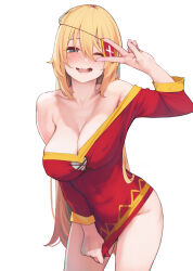 Rule 34 | 1girl, ;d, ataruman, blonde hair, blue eyes, blush, breasts, cleavage, commentary request, cosplay, cowboy shot, darkness (konosuba), dress, dress tug, hair between eyes, hair down, highres, kono subarashii sekai ni shukufuku wo!, large breasts, long hair, long sleeves, looking at viewer, megumin, megumin (cosplay), no panties, one eye closed, open mouth, red dress, smile, solo, standing, tongue, v