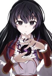 1girl absurdres akuyaku_reijou_level_99:_watashi_wa_ura-boss_desu_ga_maou_dewa_arimasen black_eyes black_hair capelet closed_mouth collared_shirt commentary_request daraqueue yumiella_dolkness expressionless frilled_sleeves frills hair_between_eyes hands_up highres long_hair long_sleeves looking_at_viewer magic puffy_long_sleeves puffy_sleeves red_capelet school_uniform shirt simple_background solo umbrakinesis upper_body white_background white_shirt