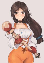 1girl artist_name bodysuit brown_eyes brown_hair closed_mouth eyelashes final_fantasy final_fantasy_ix garnet_til_alexandros_xvii gloves heart highres holding holding_staff long_hair long_sleeves looking_at_viewer low-tied_long_hair luci_(purrlucii) mage_staff orange_bodysuit red_gloves shirt smile solo staff white_shirt