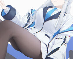 Rule 34 | 1girl, black pantyhose, blazer, blue archive, blue necktie, coat, grey hair, head out of frame, hood, hooded coat, jacket, long hair, mikazuchi zeus, necktie, noa (blue archive), off shoulder, open clothes, open coat, pantyhose, parted lips, pleated skirt, sitting, skirt, smile, solo, thighs, upskirt, white jacket, white skirt