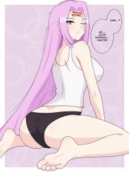 absurdly_long_hair absurdres arms_between_legs ass ass_focus barefoot blush border breasts closed_mouth collarbone crop_top dani_(angrymatthew) english_text eyebrows_hidden_by_hair eyes_visible_through_hair facial_mark fate/grand_order fate/stay_night fate_(series) feet foot_focus forehead_mark hair_in_own_mouth highres large_breasts long_bangs long_hair medusa_(fate) medusa_(rider)_(fate) messy_hair one_eye_closed outside_border parted_bangs purple_background purple_eyes purple_hair sitting solo speech_bubble tank_top thighs very_long_hair wariza white_border