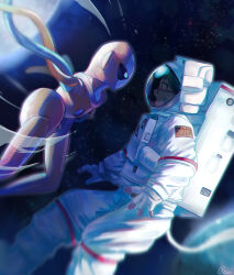 absurdres astronaut character_request commentary_request deoxys deoxys_(normal) eyelashes gen_3_pokemon glasses helmet highres looking_at_another moon mythical_pokemon nintendo open_mouth planet pokemon pokemon_(creature) rongai28 signature space space_helmet spacesuit star_(sky)
