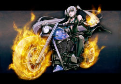 1girl belt collar crossover detached_sleeves female_focus fire ghost_rider hagane_miku hagane_vocaloid hanji_(hansi) hatsune_miku long_hair motor_vehicle motorcycle necktie silver_hair skirt solo spikes thighhighs twintails vehicle very_long_hair vocaloid zettai_ryouiki