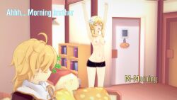 1boy 1girl 3d aether_(genshin_impact) blonde_hair couch door genshin_impact highres koikatsu_(medium) lumine_(genshin_impact) non-web_source plant