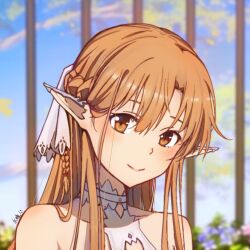 Rule 34 | 1girl, asuna (sao), bare shoulders, blurry, blurry background, braid, closed mouth, gray (hui tong), hair between eyes, highres, long hair, looking at viewer, orange eyes, orange hair, pointy ears, smile, solo, sword art online, titania (sao), upper body