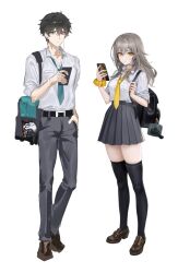 1boy 1girl alternate_costume aqua_necktie backpack bag belt black_belt black_footwear black_hair black_thighhighs cellphone dan_heng_(honkai:_star_rail) full_body grey_hair grey_pants grey_skirt holding holding_phone honkai:_star_rail honkai_(series) loafers long_hair miniskirt necktie pants phone rity school_uniform shirt shoes short_hair short_sleeves skirt smartphone standing stelle_(honkai:_star_rail) thighhighs trailblazer_(honkai:_star_rail) white_shirt yellow_eyes yellow_necktie zettai_ryouiki