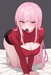 1girl absurdres all_fours alternate_costume bent_over black_shorts bluefield blush breasts candy chocolate chocolate_heart chocolate_in_mouth cleavage cleavage_cutout clothing_cutout commentary cutout_sweater food food_in_mouth from_front grey_background heart highres hololive hololive_english knee-highs kneehighs large_breasts long_hair looking_at_viewer mori_calliope mouth_hold all_fours on_bed pink_eyes pink_hair red_sweater shorts sidelocks simple_background socks solo sweater v_arms valentine virtual_youtuber white_socks