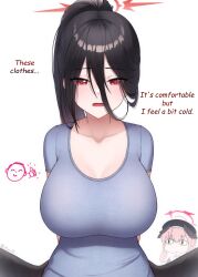 &lt;o&gt;_&lt;o&gt; 2girls arms_behind_back doodle_sensei_(blue_archive) beret black_hair black_headwear black_wings blue_archive breasts collarbone english_text eyelashes grey_shirt hair_between_eyes halo hasumi_(blue_archive) hat highres koharu_(blue_archive) large_breasts light_blush looking_at_viewer multiple_girls open_mouth pink_hair ponytail red_eyes red_halo scoop_neck sensei_(blue_archive) shirt straight-on thumbs_up twitter_username upper_body white_background winged_hat wings yisusjpl
