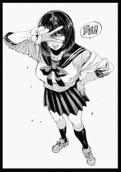 1girl :p black_border bob_cut border breasts from_above greyscale hachinuki_tetsuyo highres jimiko jitome looking_at_viewer mob_face monochrome original pleated_skirt round_eyewear school_uniform serafuku she_(hachinuki_tetsuyo) shoes simple_background skirt sneakers socks solo speech_bubble tongue tongue_out v v_over_eye white_background