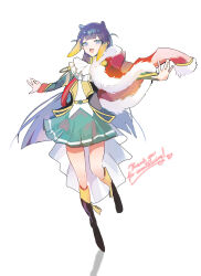 1girl :d absurdres ascot belt black_boots blonde_hair blunt_bangs blunt_ends boots commentary commission cosplay fang full_body fur-trimmed_jacket fur_trim green_skirt hands_up heart highres hololive hololive_english jacket jacket_on_shoulders knee_boots light_blush long_hair long_sleeves looking_at_viewer macchirei miniskirt multicolored_hair ninomae_ina&#039;nis open_clothes open_jacket open_mouth outstretched_arms pleated_skirt purple_eyes purple_hair red_jacket red_sash sash shadow shirt shoujo_kageki_revue_starlight shoulder_sash sidelocks simple_background single_stripe skin_fang skirt smile solo standing standing_on_one_leg striped_clothes striped_skirt tentacle_hair thank_you tsuyuzaki_mahiru tsuyuzaki_mahiru_(cosplay) two-tone_hair two_side_up very_long_hair virtual_youtuber waist_cape white_ascot white_background white_shirt yellow_belt