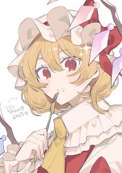 Rule 34 | 1girl, :&lt;, ascot, blonde hair, bow, closed mouth, collared shirt, crumbs, flandre day, flandre scarlet, food, food on face, fork, frilled shirt collar, frills, hair between eyes, hashtag-only commentary, hat, hat bow, hat ribbon, highres, holding, holding fork, laspberry., looking at viewer, mob cap, portrait, red bow, red eyes, red ribbon, red vest, ribbon, shirt, short hair, solo, touhou, vest, white background, white shirt, wings, yellow ascot