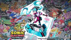 1girl amy_rose animal_ear_headphones animal_ears black_boots black_gloves black_shirt black_shorts blue_eyes blue_hair boots cameo cat_ear_headphones character_name charmy_bee colored_shoe_soles commentary_request copyright_name copyright_notice dr._eggman elbow_gloves espio_the_chameleon fake_animal_ears fingerless_gloves floating_hair full_body gloves graffiti hair_between_eyes hatsune_miku headphones headset highres holographic_clothing hoverboard jacket jet_the_hawk knuckles_the_echidna logo long_hair looking_at_viewer metal_sonic official_art open_clothes open_jacket shadow_the_hedgehog shirt short_sleeves shorts silver_the_hedgehog smile solo sonic_(series) sonic_racing:_crossworlds sonic_the_hedgehog star_(symbol) storm_the_albatross tails_(sonic) twintails very_long_hair vocaloid wave_the_swallow white_jacket zazz