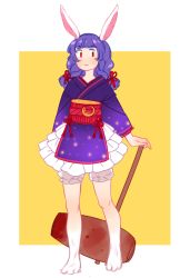 1girl :3 adapted_costume ambiguous_red_liquid animal_ears animal_hands bloomers blue_hair female_focus frills full_body japanese_clothes kimono kimono_skirt kine mallet nekolina purple_kimono rabbit_ears red_eyes red_ribbon ribbon seiran_(touhou) solo standing touhou underwear