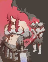 1girl abs absurdres angvall armor breasts centuria_(manga) chainmail cloak fur_cloak fur_trim gauntlets greatsword highres large_breasts leather_belt long_hair muscular muscular_female pacpoi pauldrons plate_armor purple_eyes red_background red_hair sarashi shoulder_armor solo sword weapon