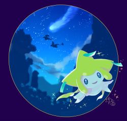 border claws commentary_request dragon dragon_tail flygon flying gen_3_pokemon grey_eyes jirachi legendary_pokemon looking_at_viewer mythical_pokemon night nintendo open_mouth outdoors pokemon pokemon:_jirachi:_wish_maker pokemon_(anime) pokemon_(creature) pokemon_rse_(anime) purple_border salamence silhouette sky smile sparkle star_(sky) tail tongue yu_(xcapriccioso)