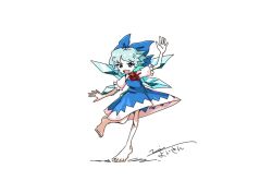 1girl aqua_hair barefoot blue_dress blue_eyes blue_ribbon bow bowtie cirno collared_shirt double_dealing_character dress fairy frilled_shirt frilled_sleeves frills hair_ornament hair_ribbon hand_up ice ice_wings open_hand puffy_short_sleeves puffy_sleeves red_bow red_bowtie ribbon shirt short_sleeves signature simple_background solo touhou wavy_hair white_background white_shirt wings yoiy_san