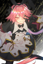 1boy absurdres astolfo_(fate) astolfo_(saber)_(fate) astolfo_(saber)_(third_ascension)_(fate) black_background black_bow black_gloves bow fate/apocrypha fate/grand_order fate_(series) gloves gradient_background hair_bow hair_intakes hand_on_own_hip highres male_focus multicolored_hair multiple_hair_bows nekokitsune4242 one_eye_closed pink_eyes pink_hair streaked_hair trap v white_hair
