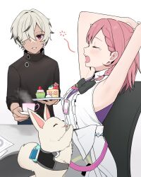 1boy 1girl arlan_(honkai:_star_rail) armpits arms_up asta_(honkai:_star_rail) bare_arms bare_shoulders black_shirt blush cake closed_eyes commentary_request cup cupcake dog dress food grey_hair highres holding holding_plate honkai:_star_rail honkai_(series) medium_hair peppy_(honkai:_star_rail) pink_hair plate purple_eyes shiro_(branch0126) shirt short_hair simple_background squeans stretching teacup tears upper_body white_background white_dress